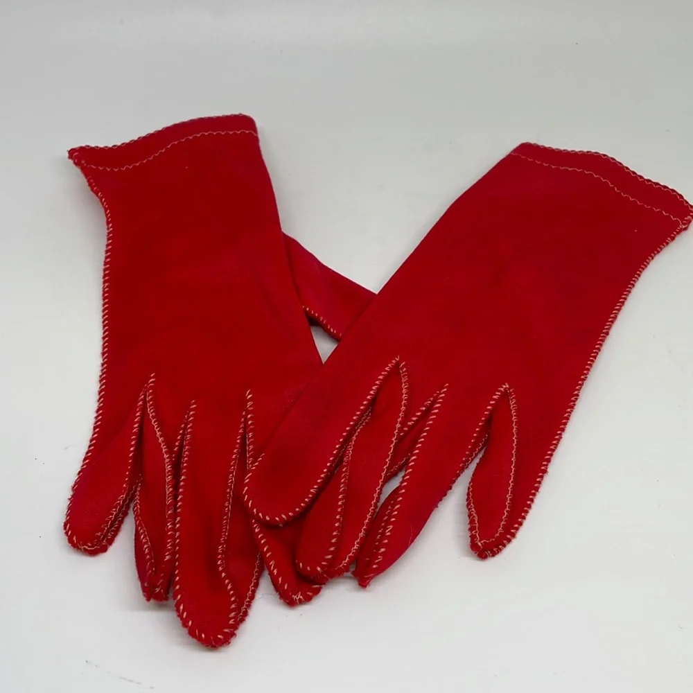LEATHER SPUN NYLON GLOVES, red short 1950, VINTAGE, Size 6.5